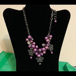 Purple Pearls and 3 Flowers 16” Gunmetal Necklace